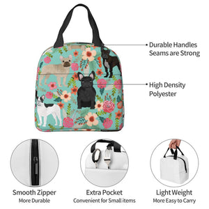 Information detail image of an insulated French Bulldog lunch bag with exterior pocket in bloom design