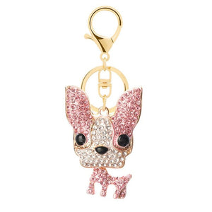 Image of stone studded frenchie keychain in the pink color
