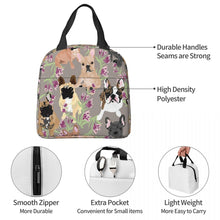 Load image into Gallery viewer, Information detail image of an insulated French Bulldog lunch bag with exterior pocket in frenchies and purple orchids design