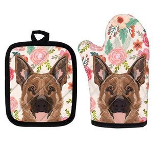 image of german shepherd oven mitten glove and pot holder set for baking an dcooking
