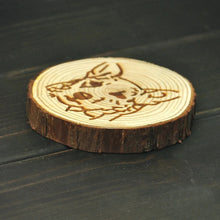 Load image into Gallery viewer, Side image of a wood-engraved German Shepherd coaster design