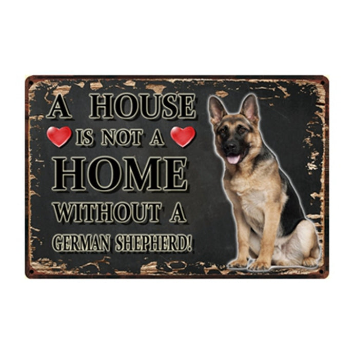 Image of a smiling German Shepherd Signboard with a text 'A House Is Not A Home Without A German Shepherd' on a dark background