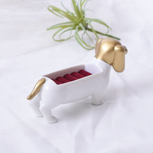 Load image into Gallery viewer, Back image of a beautiful white and gold colored Dachshund jewelry box