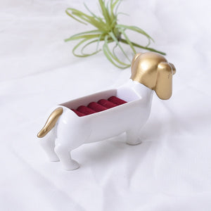 Back image of a beautiful white and gold colored Dachshund jewelry box
