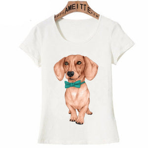 Image of a red doxie t-shirt wearing green bowtie