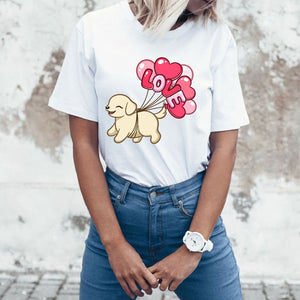 Heart Balloon Golden Retriever Women's T-Shirt-Apparel-Apparel, Dogs, Golden Retriever, T Shirt-Flying with Red Balloons and Love-S-1