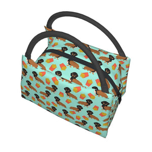 Image of a Doxie lunch bag in an adorable Hotdog Doxie design