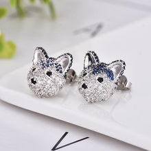 Load image into Gallery viewer, Image of super cute Siberian Husky earrings in studded blue Husky design