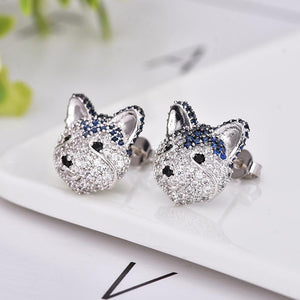 Image of super cute Siberian Husky earrings in studded blue Husky design