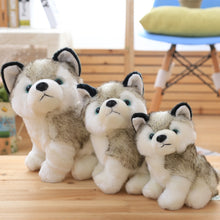 Load image into Gallery viewer, Image of three super cute Husky stuffed animal plush toys in different sizes sitting next to each other on a wooden table