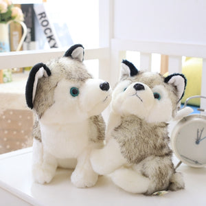 Image of two super cute Husky stuffed animal plush toys in different sizes sitting on a white bench