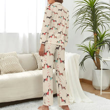 Load image into Gallery viewer, image of a woman wearing a green pajamas set for women - beige pajamas set for women - dachshund pajamas set - back view