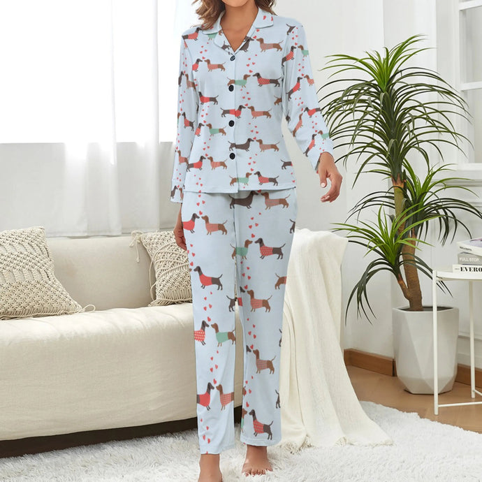 image of a dachshund pajamas set for women - blue pajamas set for women