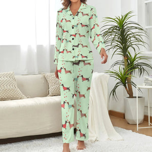 image of a dachshund pajamas set for women - green pajamas set for women