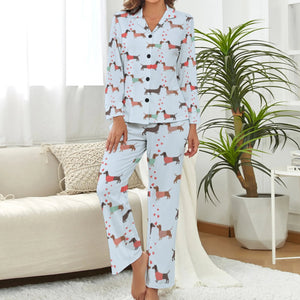 image of a woman wearing a pink pajamas set for women - blue pajamas set for women - dachshund pajamas set 