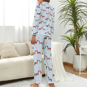 image of a woman wearing a pink pajamas set for women - blue pajamas set for women - dachshund pajamas set - back view