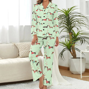 image of a woman wearing a green pajamas set for women - pink pajamas set for women - dachshund pajamas set 