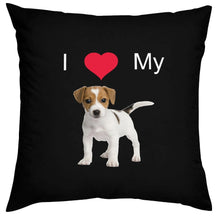 Load image into Gallery viewer, Image of a super cute Jack Russell Terrier cushion cover in &#39;I Heart My Jack Russell Terrier&#39; design