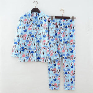 Image of boston terrier pajama set with matching top and bottom