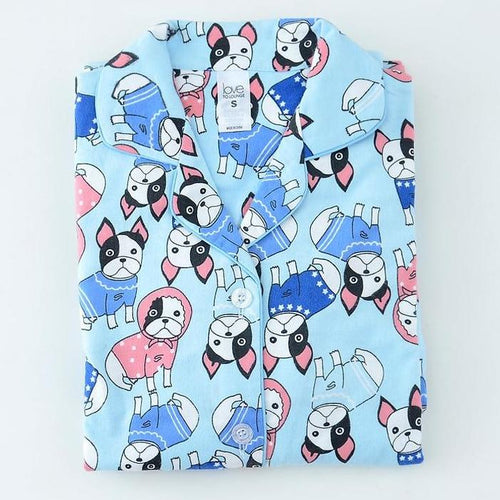 Image of boston terrier pajamas top laying folded on a white background