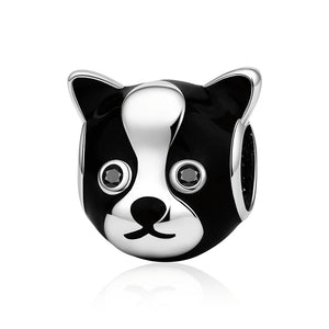 Image of an adorable boston terrier charm bead made with 925 sterling silver