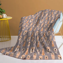 Load image into Gallery viewer, Image of a Golden Retriever throw blanket in an infinite smiling Golden Retrievers design kept on the chair