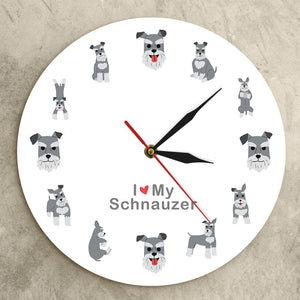 Image of a Schnauzer wall clock with 12 different Schnauzer designs for every hour