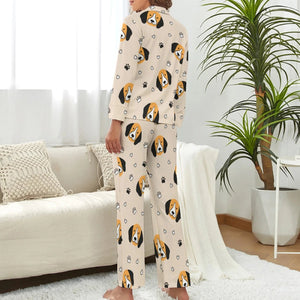 image of a woman wearing a beige pajamas set - beagle pajamas set - back view