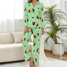 Load image into Gallery viewer, image of a woman wearing a green pajamas set - beagle pajamas set