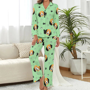 image of a woman wearing a green pajamas set - beagle pajamas set