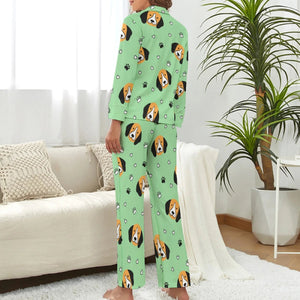 image of a woman wearing a green pajamas set - beagle pajamas set - back view