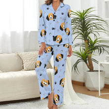 Load image into Gallery viewer, image of a woman wearing a blue pajamas set - beagle pajamas set