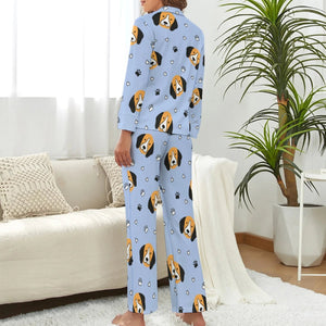image of a woman wearing a blue pajamas set - beagle pajamas set - back view