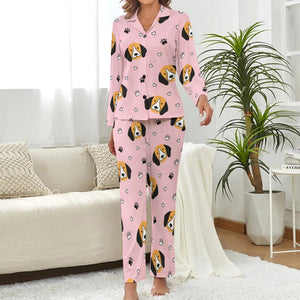 image of a woman wearing a pink pajamas set - beagle pajamas set