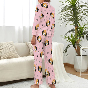 image of a woman wearing a pink pajamas set - beagle pajamas set- back view