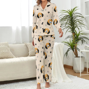 image of a woman wearing a beige pajamas set - beagle pajamas set