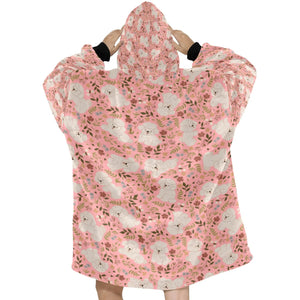 image of a peach blanket hoodie with bichon frise all-over design - bichon frise blanket hoodie - back view