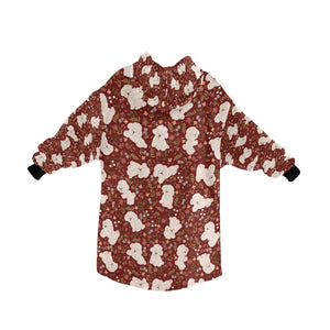image of a red blanket hoodie with bichon frise all-over design - bichon frise blanket hoodie - back view