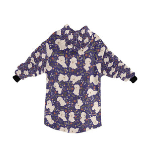 image of a purple blanket hoodie with bichon frise all-over design - bichon frise blanket hoodie - back view