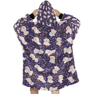 image of a purple blanket hoodie with bichon frise all-over design - bichon frise blanket hoodie - back view