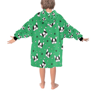 image of a green blanket hoodie - boston terrier blanket hoodie for kids  - back view