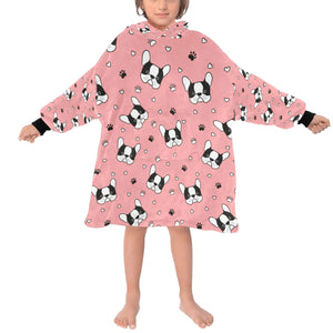 image of a kid wearing a boston terrier blanket hoodie for kids - light pink