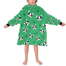 Load image into Gallery viewer, image of a kid wearing a boston terrier blanket hoodie for kids - green