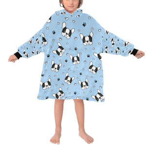 image of a kid wearing a boston terrier blanket hoodie for kids - light blue