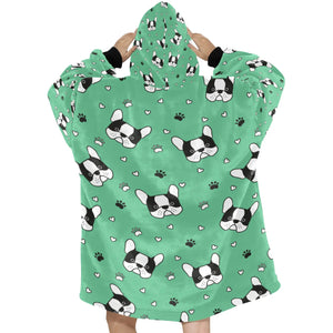 image of a boston terrier blanket hoodie - green boston terrier blanket hoodie  - back view