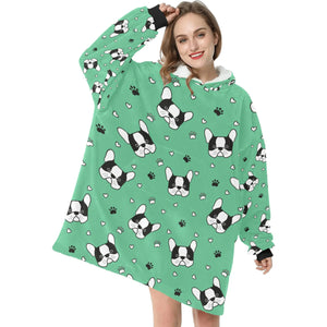 image of a boston terrier blanket hoodie for women - green