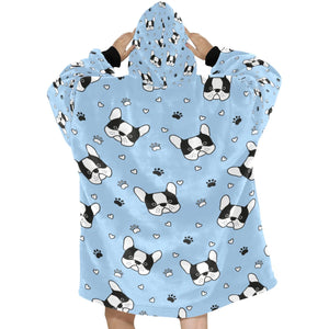 image of a boston terrier blanket hoodie - blue boston terrier blanket hoodie  - back view