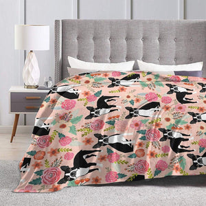Image of a boston terrier throw blanket in the most adorable floral Boston Terrier design