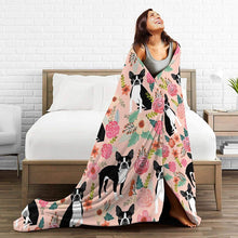Load image into Gallery viewer, Image of a boston terrier blanket throw in the most adorable floral Boston Terrier design