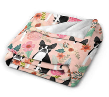 Load image into Gallery viewer, Image of a boston terrier fleece throw in the most adorable floral Boston Terrier design